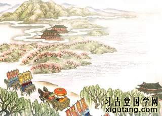 王维《奉和圣制从蓬莱向兴庆阁道中留春雨中春望之作应制》：渭水自萦秦塞曲，黄山旧绕汉宫斜。