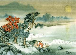 孟浩然《宿业师山房待丁大不至》：夕阳度西岭，群壑倏已暝。松月生夜凉，风泉满清听。樵人归尽欲，烟鸟栖初定。之子期宿来，孤琴候萝径。